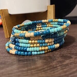 Boho Beaded Wrap Bracelet Blue Gold‎ Tan Seed Bead Coil Bracelet